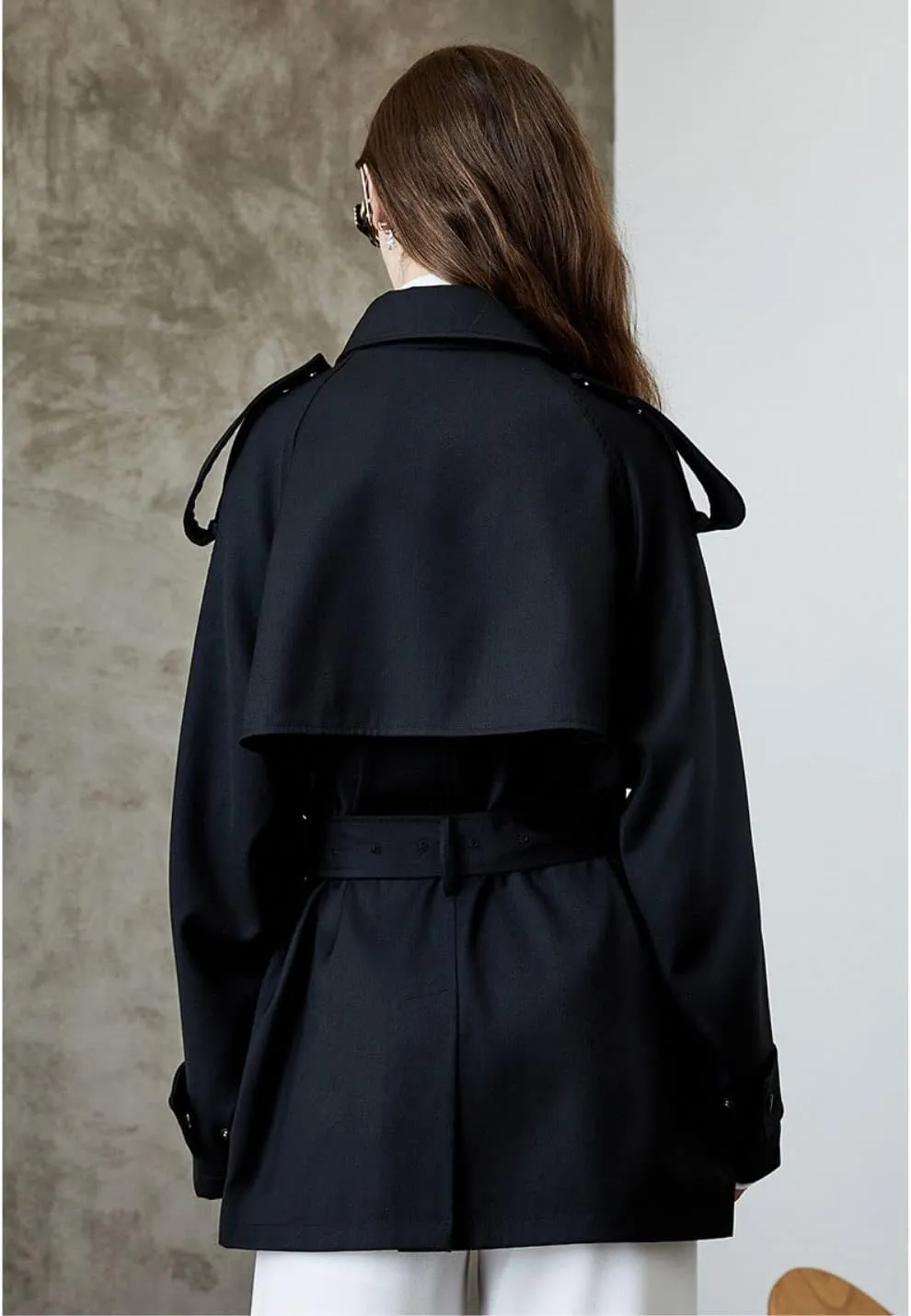 Kwoki Women's Short Trench Coat with Belt Double Breasted Notched Lapel Windbeaker Outwear Pea Coat