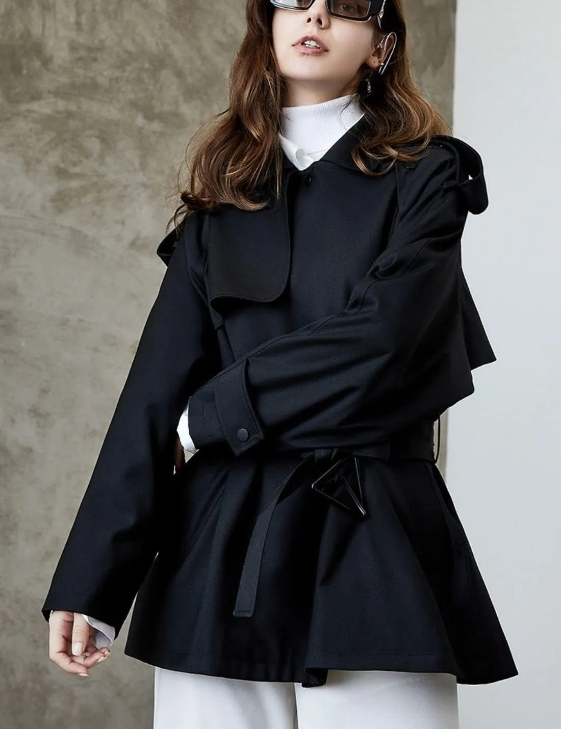 Kwoki Women's Short Trench Coat with Belt Double Breasted Notched Lapel Windbeaker Outwear Pea Coat