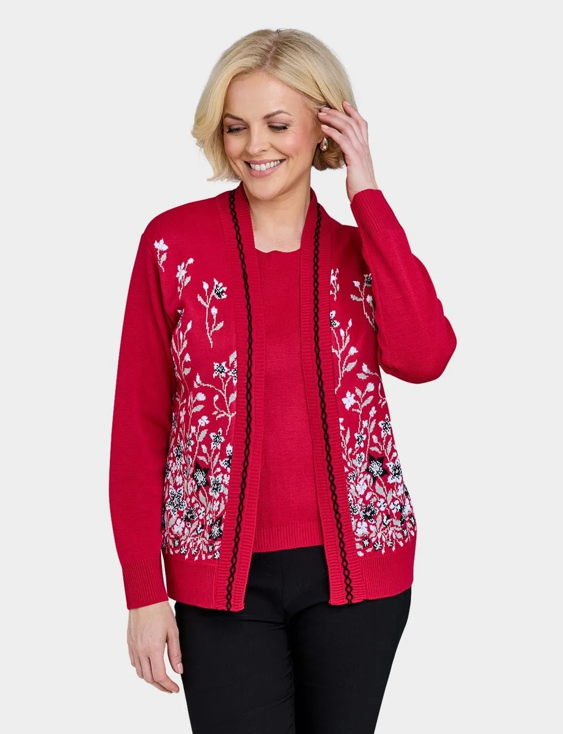 Ladies Floral Jacquard Mock Twin Set