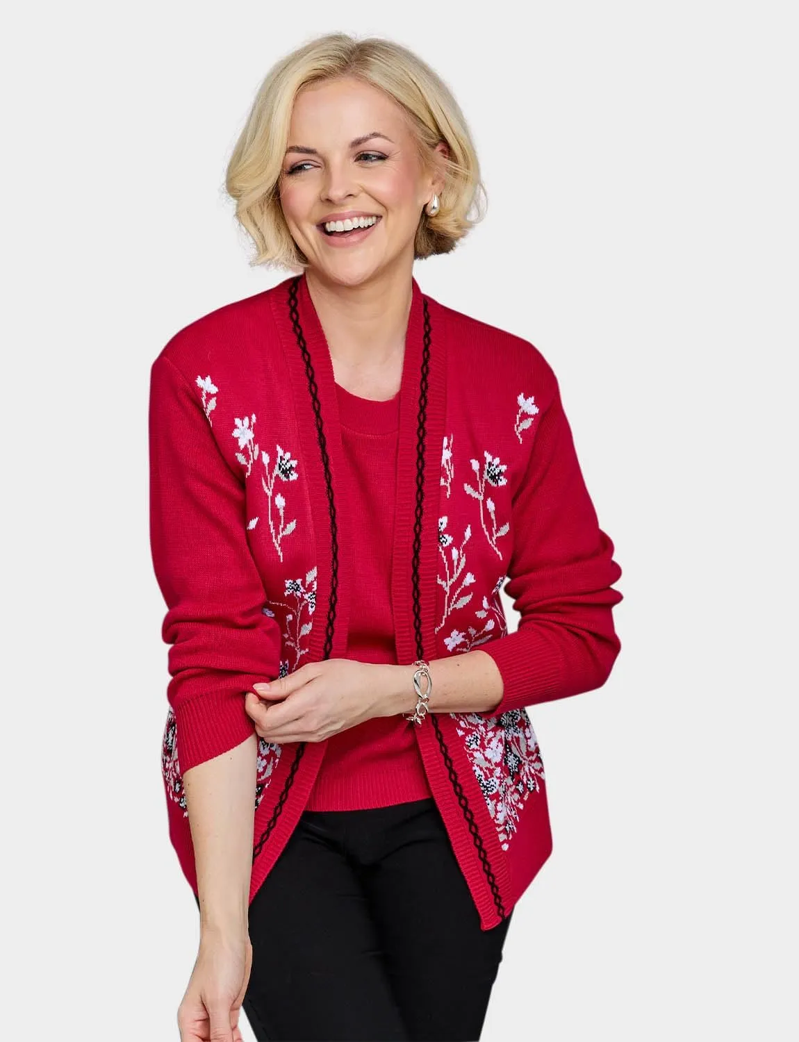 Ladies Floral Jacquard Mock Twin Set