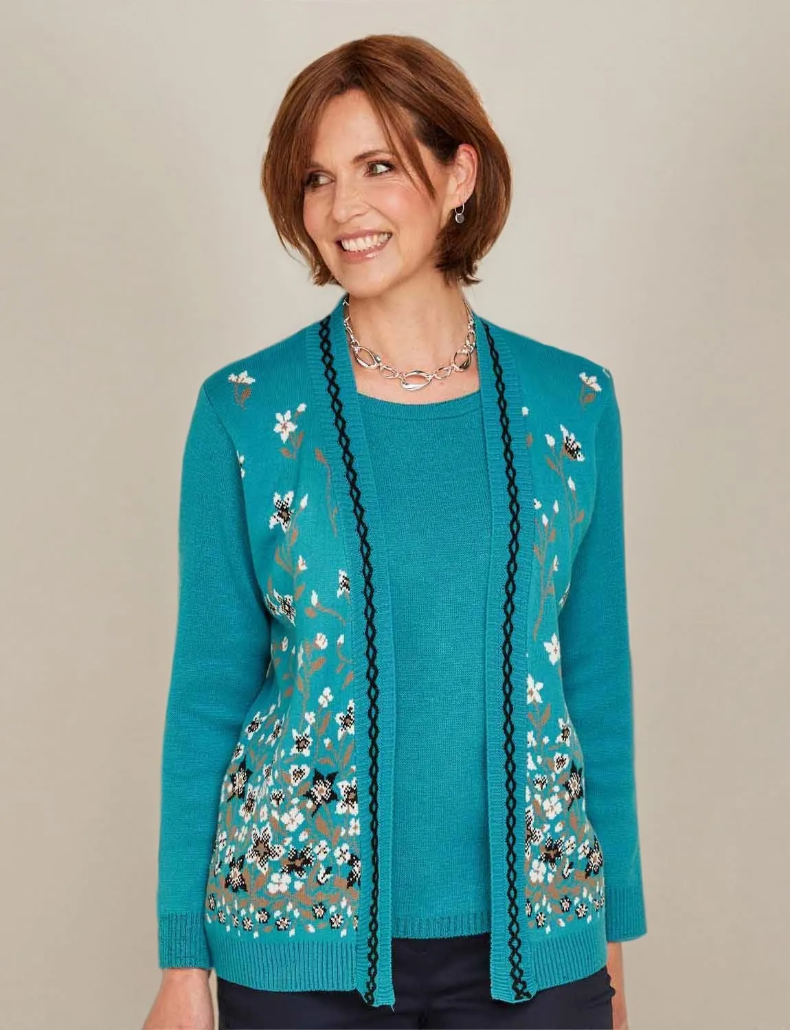 Ladies Floral Jacquard Mock Twin Set