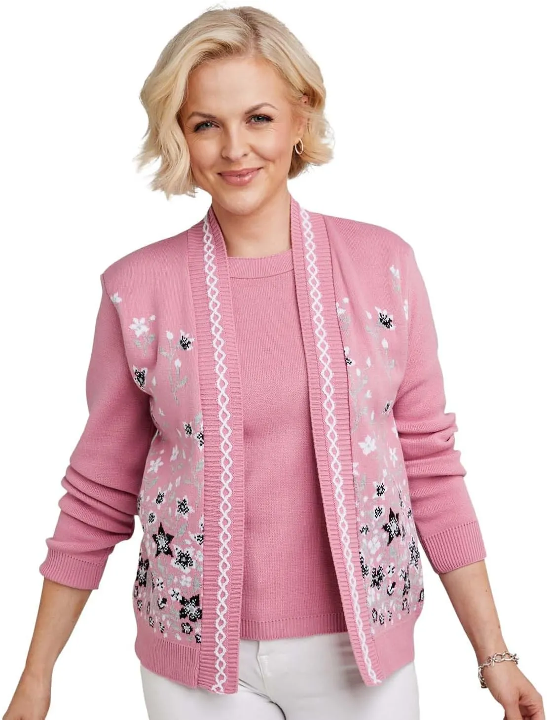 Ladies Floral Jacquard Mock Twin Set
