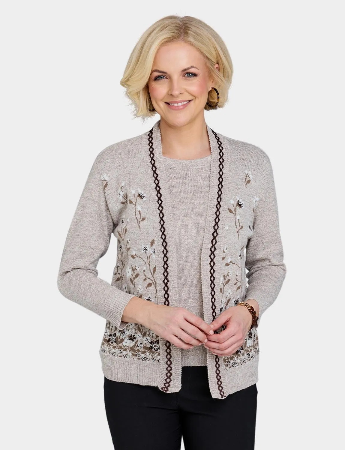 Ladies Floral Jacquard Mock Twin Set