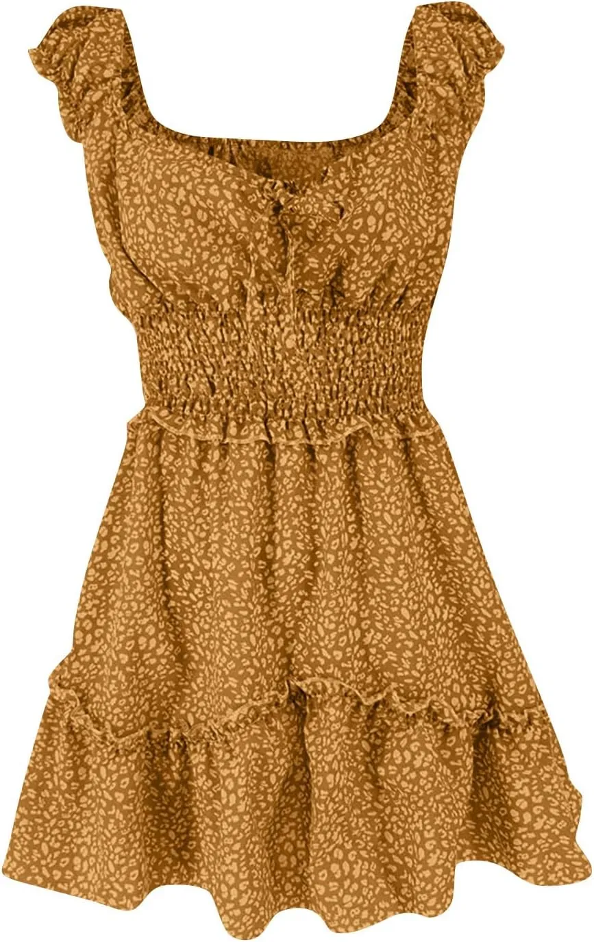 Ladies Sexy Floral Dresses Ruffle Summer Mini Loose Fit 2025 Short Sleeve Beach Daily Sundress with Tie Party Dress