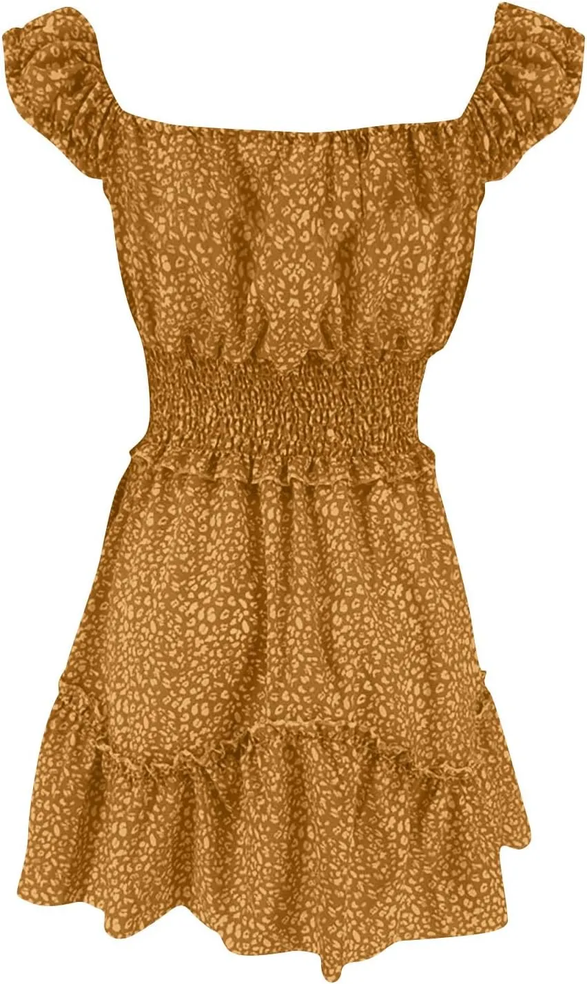 Ladies Sexy Floral Dresses Ruffle Summer Mini Loose Fit 2025 Short Sleeve Beach Daily Sundress with Tie Party Dress