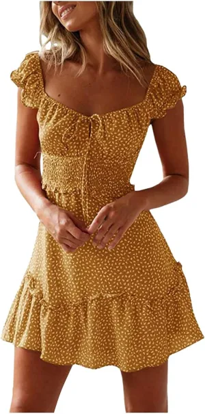 Ladies Sexy Floral Dresses Ruffle Summer Mini Loose Fit 2025 Short Sleeve Beach Daily Sundress with Tie Party Dress