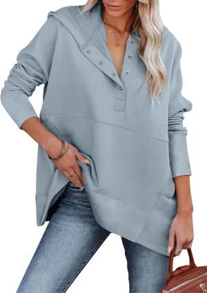 LaLaLa Women Button Down V Neck Hoodies Casual Long Sleeve Oversized Pullover Sweatshirt Hooded Tops with Pockets