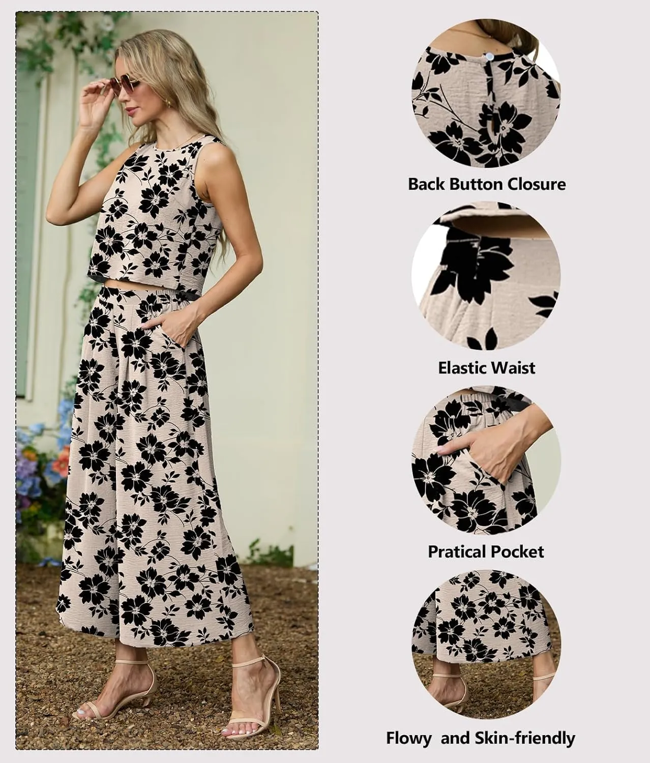 Lepunuo Womens Summer 2 Piece Outfits Sleeveless Crop Top Flowy Wide Leg Pants Matching Sets Vacation Beach Travel Outfits