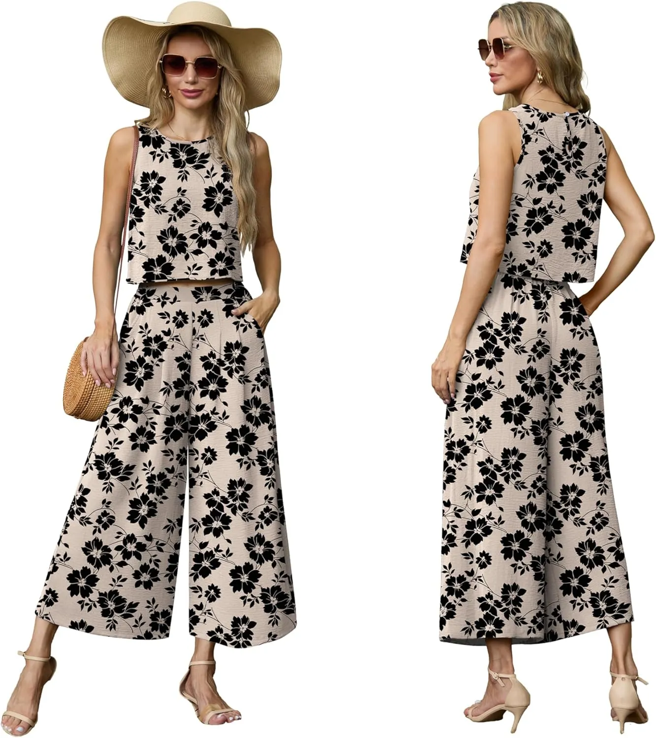 Lepunuo Womens Summer 2 Piece Outfits Sleeveless Crop Top Flowy Wide Leg Pants Matching Sets Vacation Beach Travel Outfits