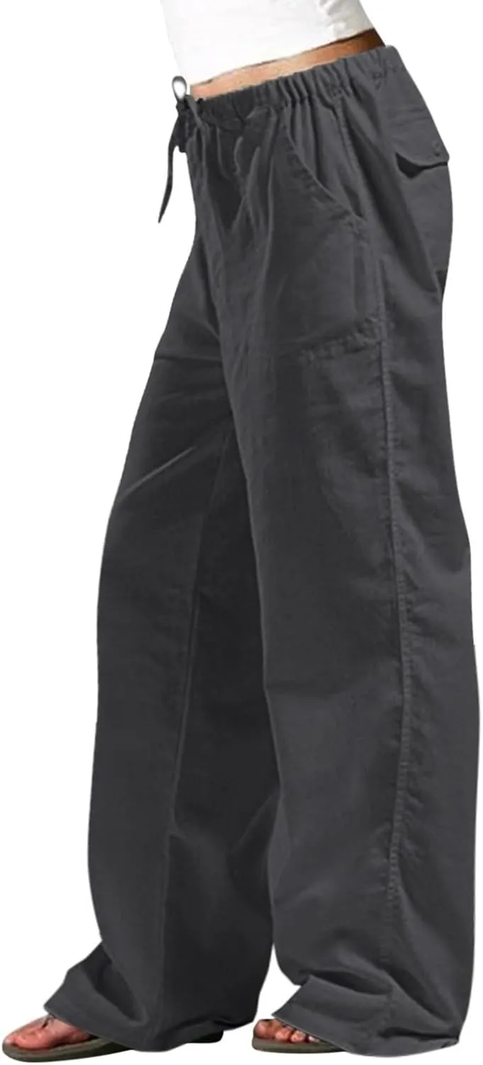 Linen Pants Women Elastic High Waisted Drawstring Wide Leg Trousers Baggy Flowy Palazzo Lounge Pants with Pockets