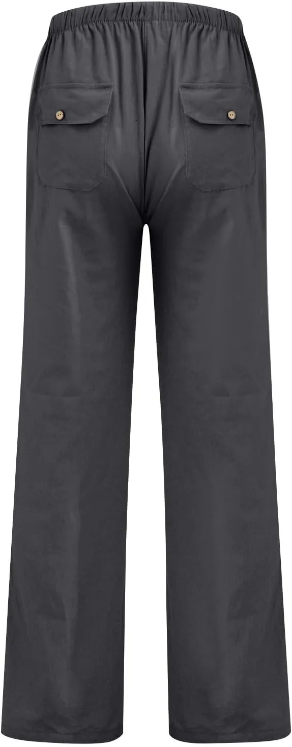Linen Pants Women Elastic High Waisted Drawstring Wide Leg Trousers Baggy Flowy Palazzo Lounge Pants with Pockets