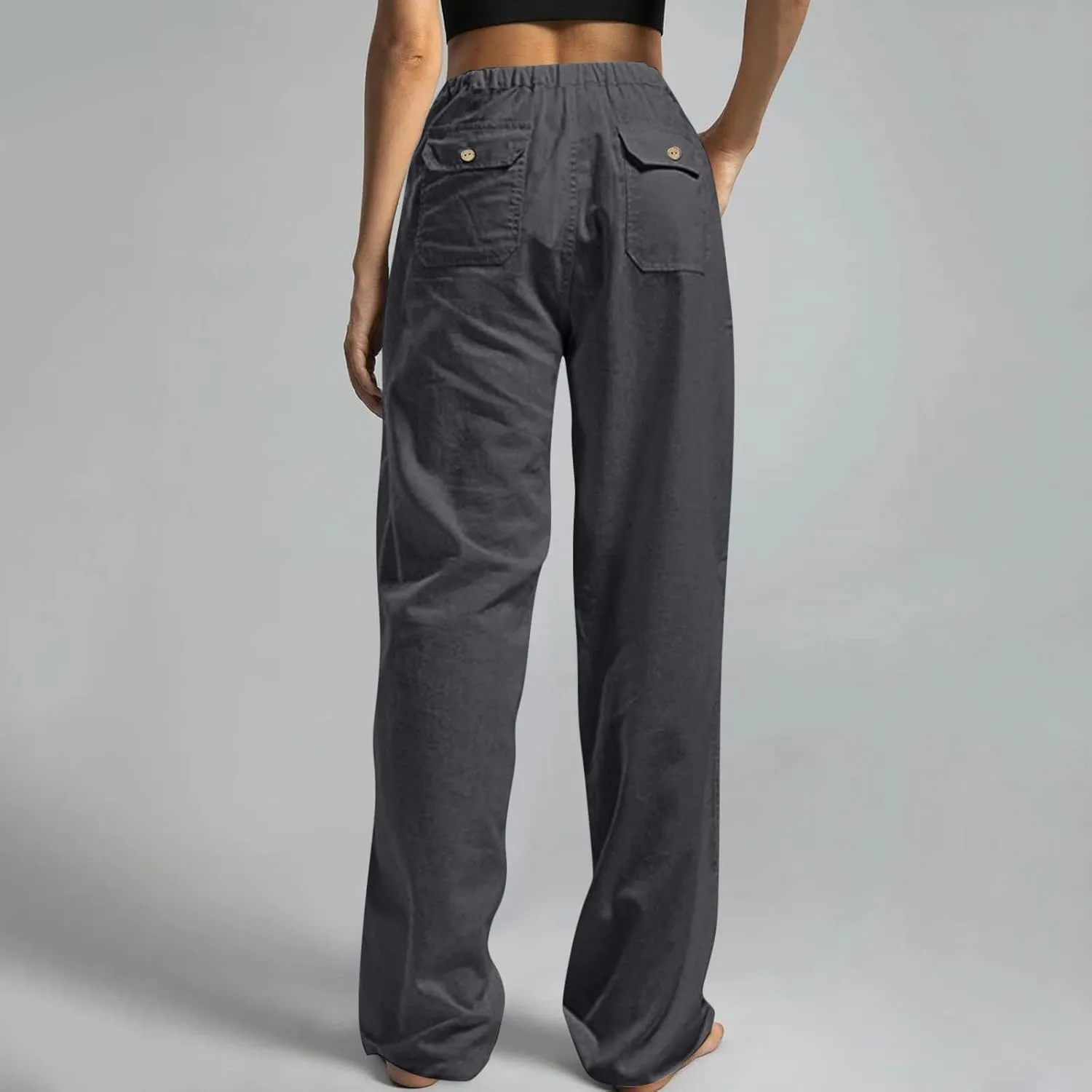 Linen Pants Women Elastic High Waisted Drawstring Wide Leg Trousers Baggy Flowy Palazzo Lounge Pants with Pockets
