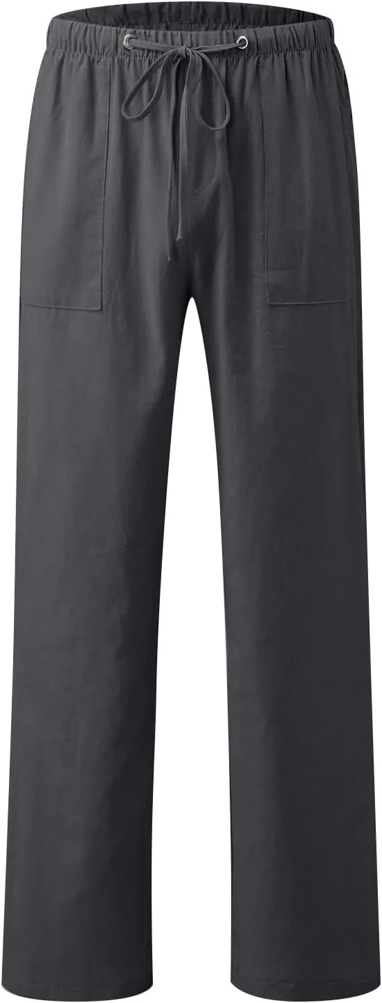 Linen Pants Women Elastic High Waisted Drawstring Wide Leg Trousers Baggy Flowy Palazzo Lounge Pants with Pockets