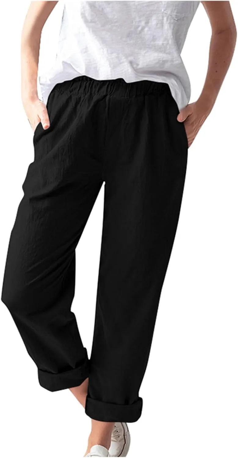 Linen Pants Women Summer Drawstring Waist Wide Leg Pants Casual Elastic Waist Trouser Beach Trousers Outfits