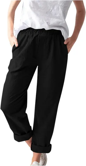 Linen Pants Women Summer Drawstring Waist Wide Leg Pants Casual Elastic Waist Trouser Beach Trousers Outfits