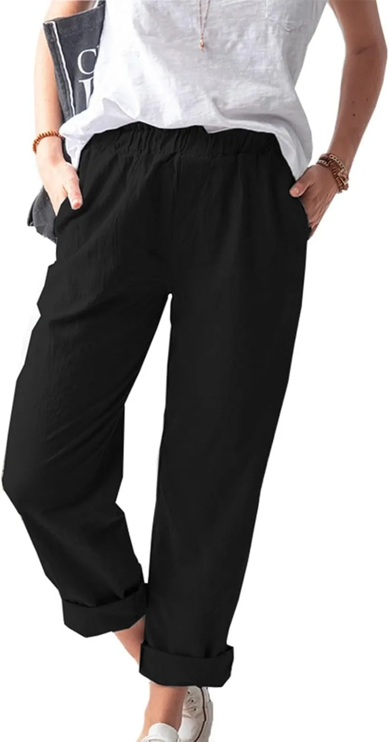 Linen Pants Women Summer Drawstring Waist Wide Leg Pants Casual Elastic Waist Trouser Beach Trousers Outfits