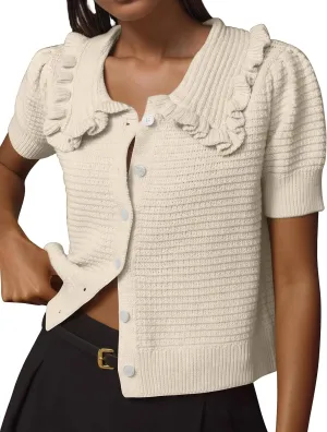 Livtany Women's Button Down Ruffle Collared Ribbed Trim Sweater Tops Crochet Knit Lantern Short Sleeve Open Front Cardigan