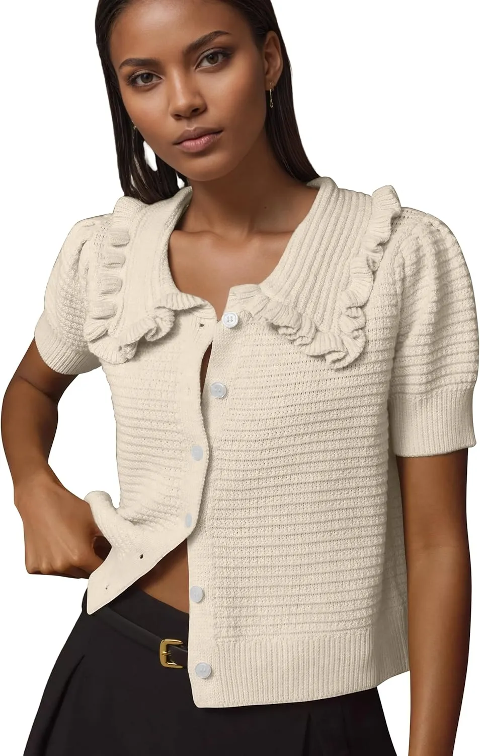 Livtany Women's Button Down Ruffle Collared Ribbed Trim Sweater Tops Crochet Knit Lantern Short Sleeve Open Front Cardigan