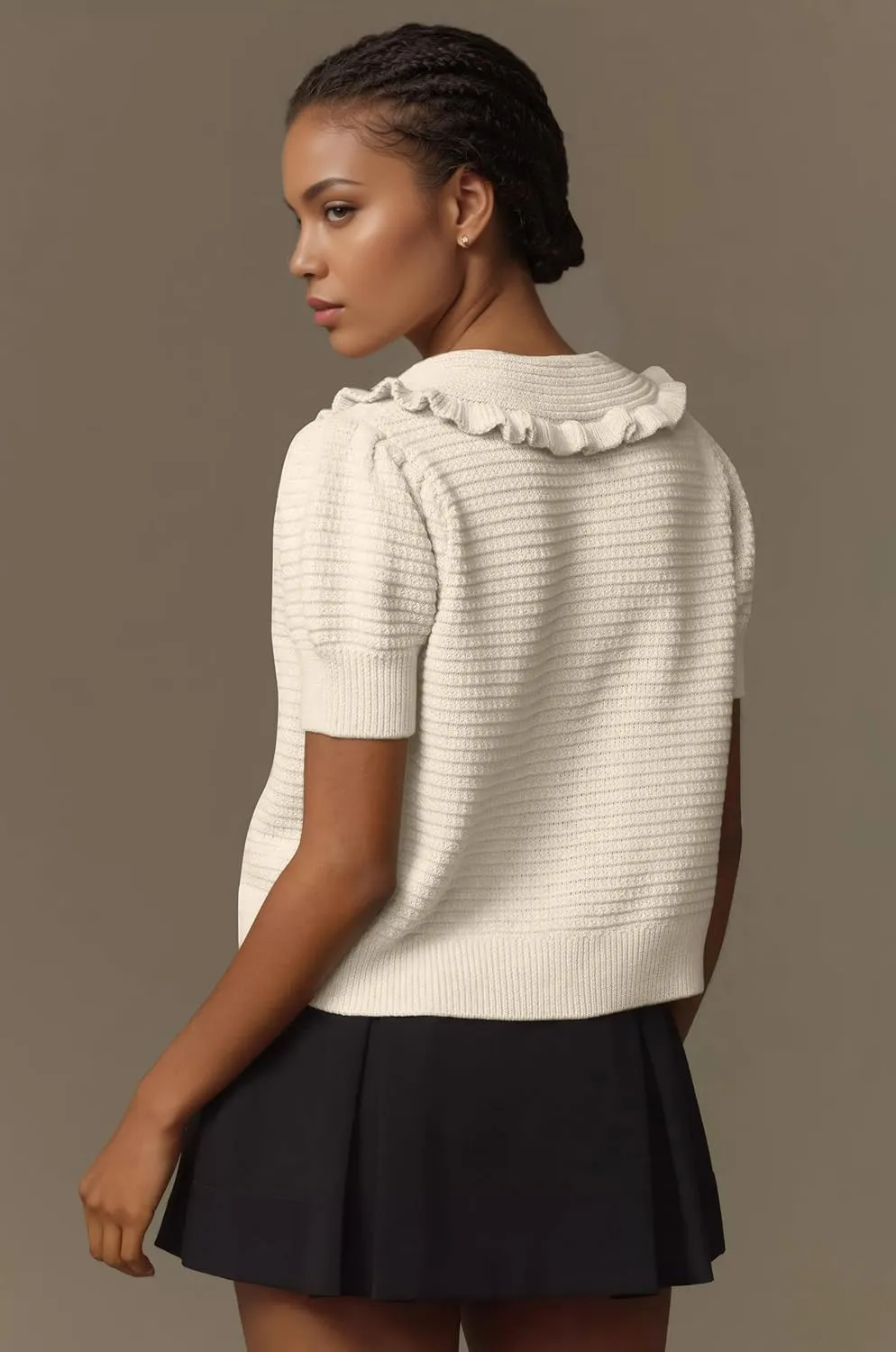 Livtany Women's Button Down Ruffle Collared Ribbed Trim Sweater Tops Crochet Knit Lantern Short Sleeve Open Front Cardigan