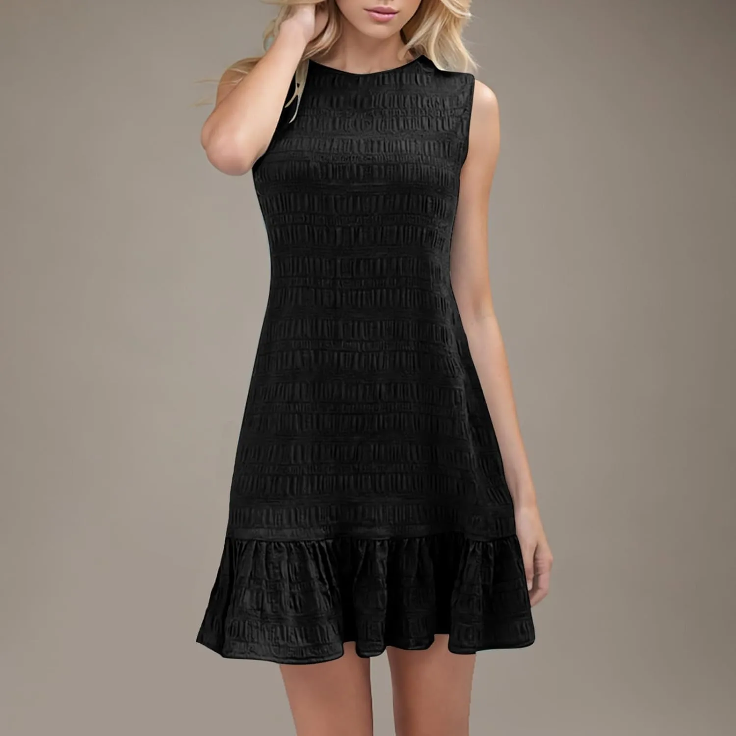 Lmdudan 2025 Summer Dress for Women Ruffle Hem Swing Mini Dress Sleeveless Tank Dresses Round Neck Casual Smock Sundress