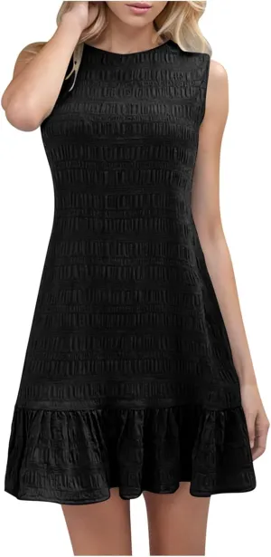 Lmdudan 2025 Summer Dress for Women Ruffle Hem Swing Mini Dress Sleeveless Tank Dresses Round Neck Casual Smock Sundress
