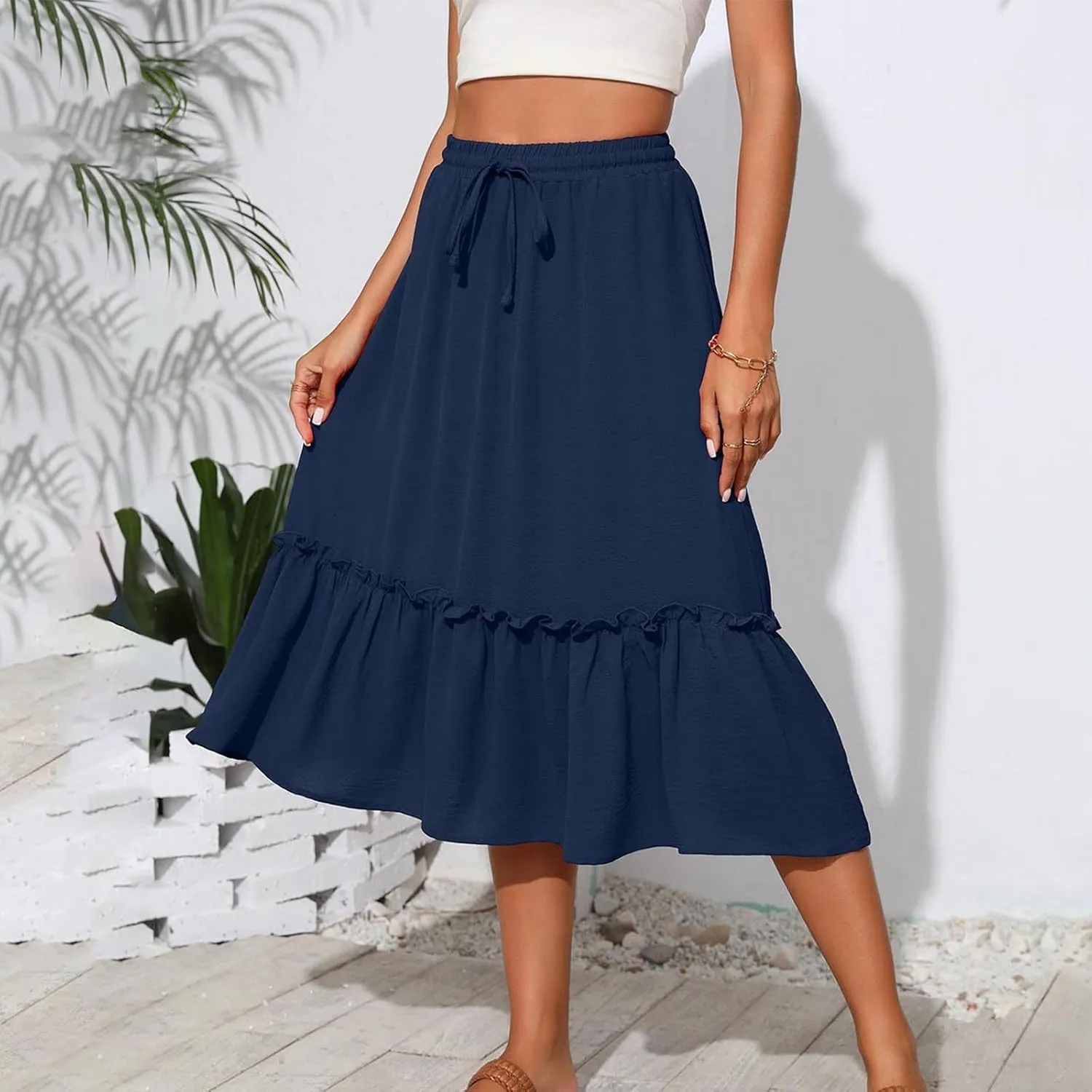 Long Ruffle Skirt for Women Fashion Flowy Boho Maxi Skirts Elastic High Wasit A-Line Pleated Tiered Beach Skirts