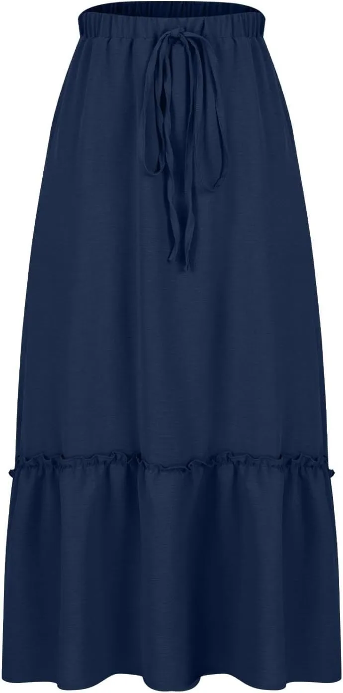 Long Ruffle Skirt for Women Fashion Flowy Boho Maxi Skirts Elastic High Wasit A-Line Pleated Tiered Beach Skirts