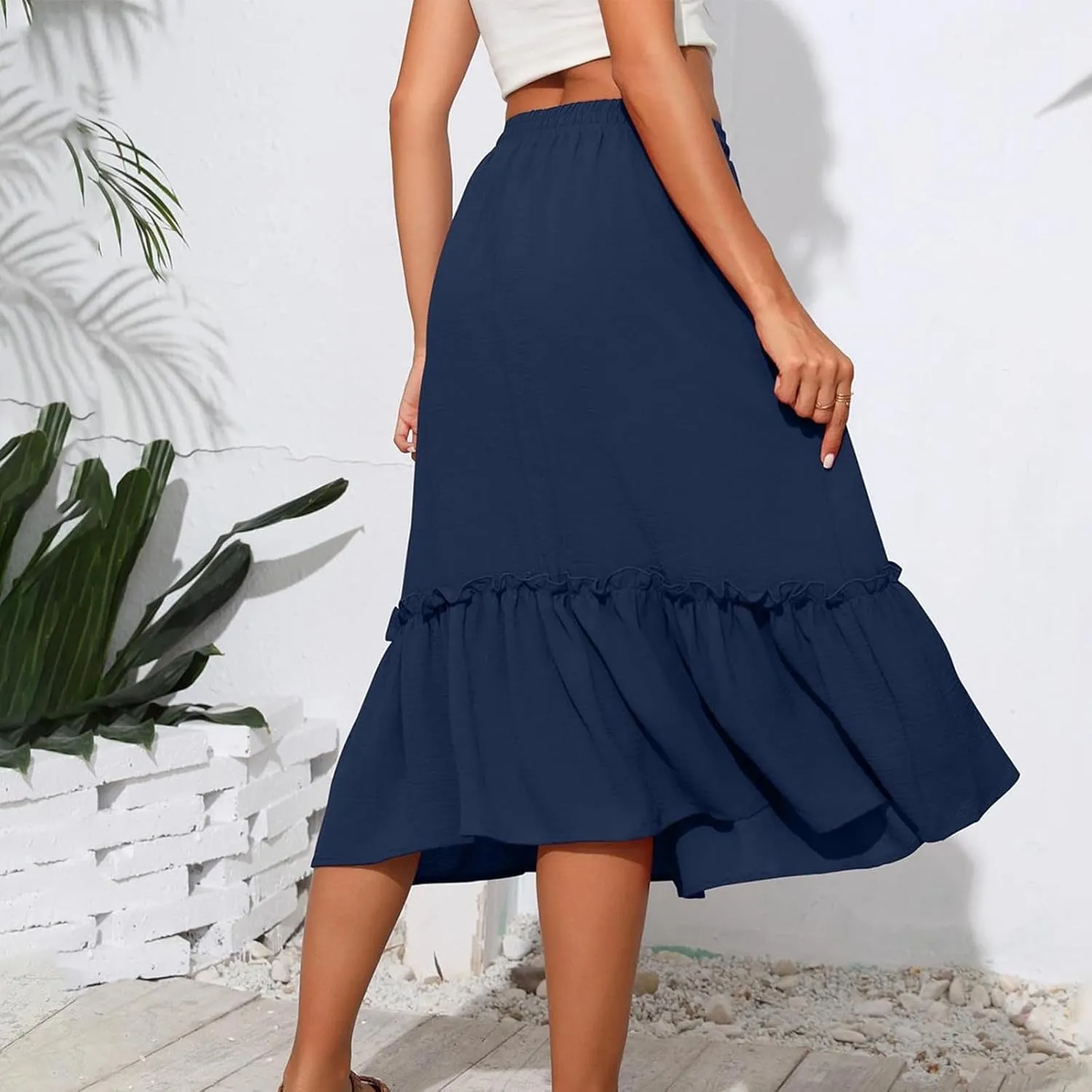 Long Ruffle Skirt for Women Fashion Flowy Boho Maxi Skirts Elastic High Wasit A-Line Pleated Tiered Beach Skirts
