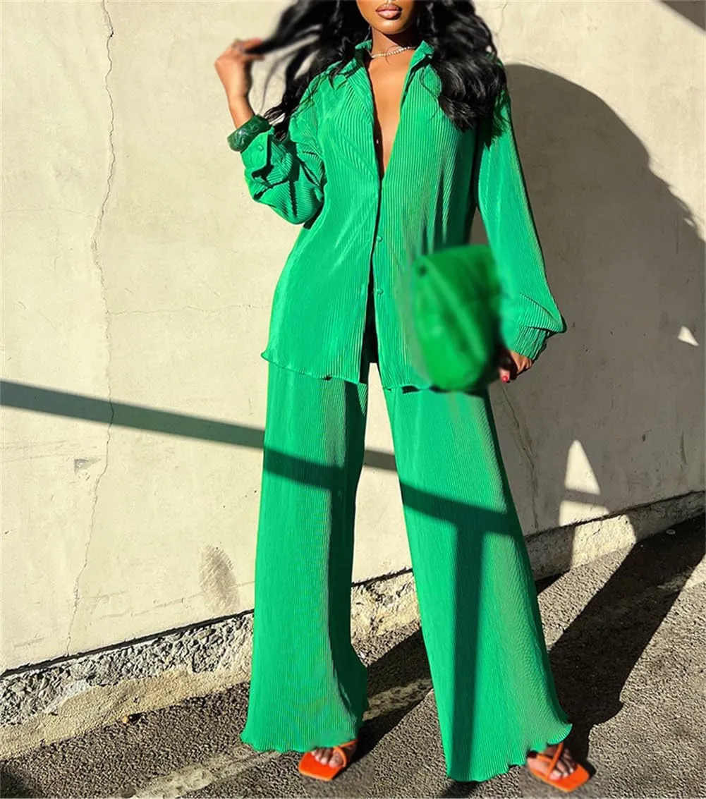 Long Sleeve Button Blouse Top Wide Leg Loose Streetwear Loungewear 2 Piece Outfit for Women Flare Pleated Pants Sets