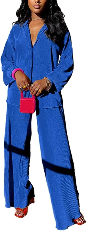 Long Sleeve Button Blouse Top Wide Leg Loose Streetwear Loungewear 2 Piece Outfit for Women Flare Pleated Pants Sets