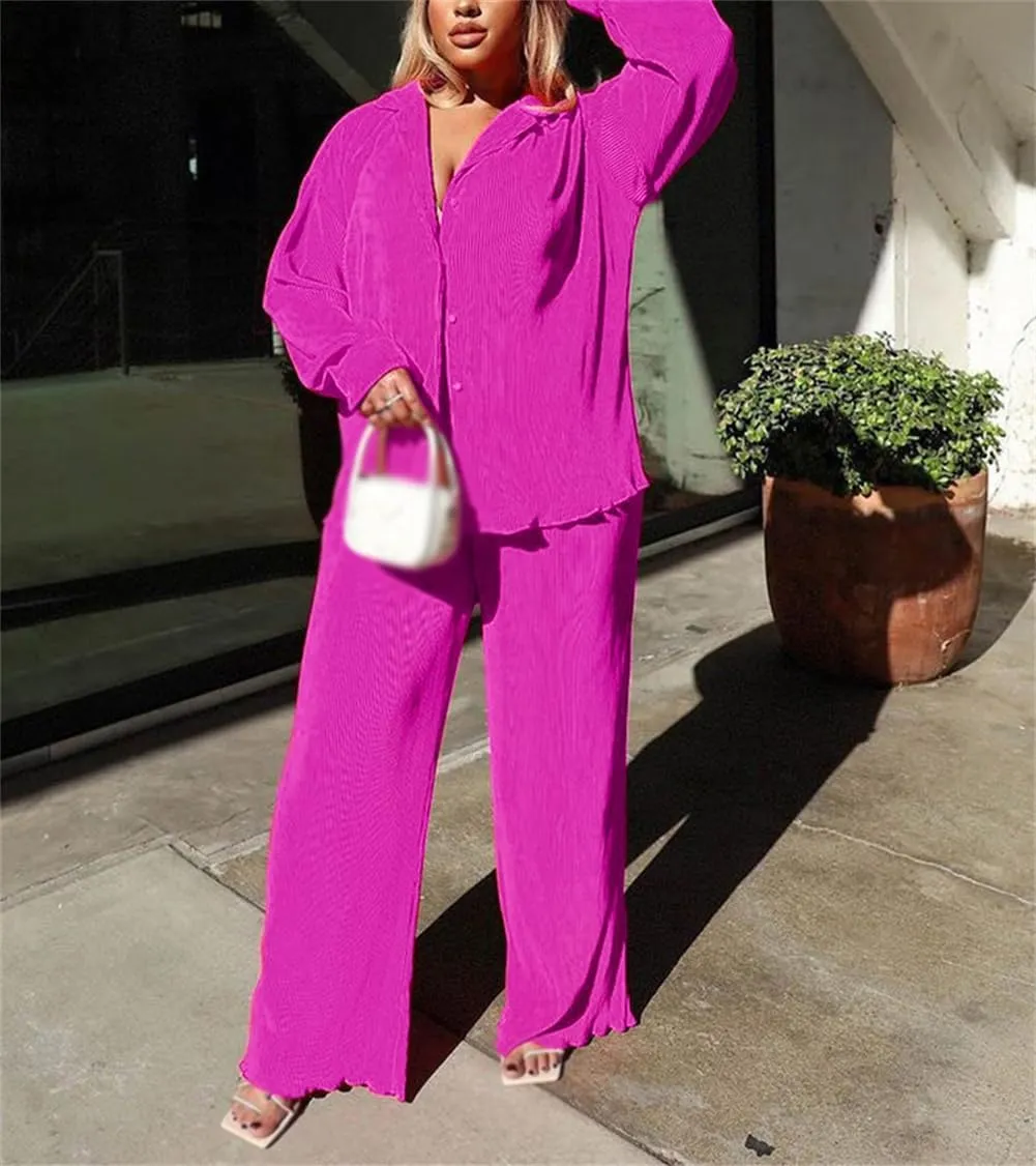 Long Sleeve Button Blouse Top Wide Leg Loose Streetwear Loungewear 2 Piece Outfit for Women Flare Pleated Pants Sets