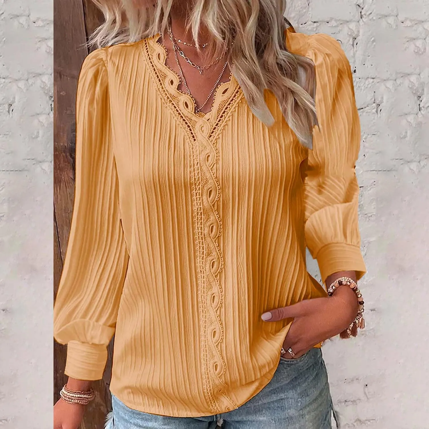 Long Sleeve Shirts for Women 2024 V Neck Lace Tops Business Casual Dressy Blouses Work Oversized Shirts Fall Clothes