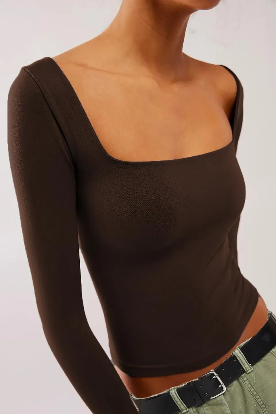 Long Sleeve T Shirt Women - Square Neck Going Out Tops Double Lined Tight Shirt Y2K Crop Top Slim Fit