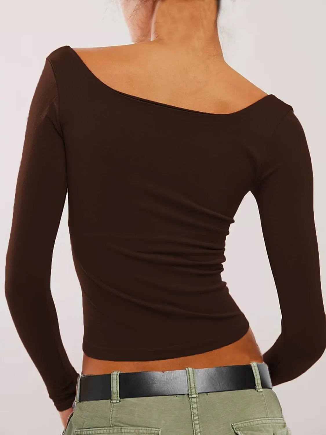 Long Sleeve T Shirt Women - Square Neck Going Out Tops Double Lined Tight Shirt Y2K Crop Top Slim Fit