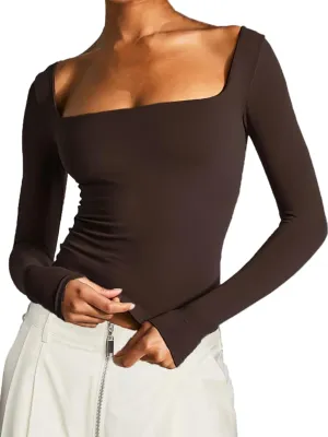 Long Sleeve T Shirt Women - Square Neck Going Out Tops Double Lined Tight Shirt Y2K Crop Top Slim Fit