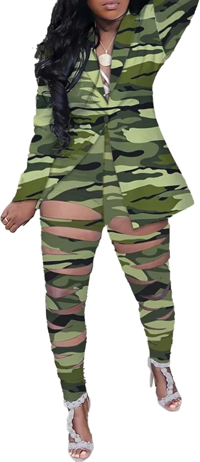 Lucuna Women's Sexy 2 Piece Club Outfits Open Front Blazer   Bodycon Pants Long Stockings Set