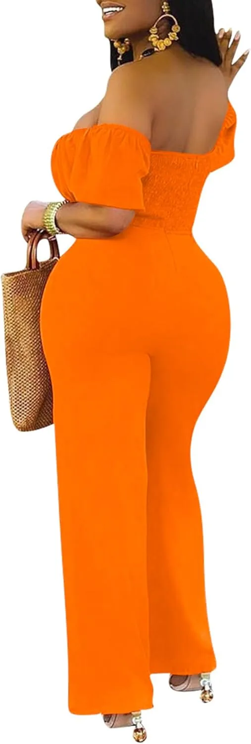 LYANER Women's Off Shoulder Cut Out Tie Front High Waist Short Sleeve Wide Leg Pants One Piece Jumpsuit Romper