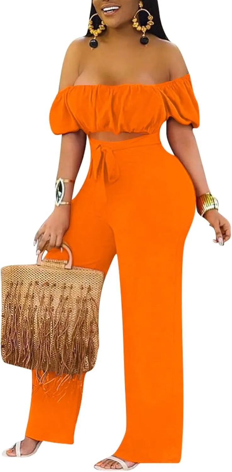 LYANER Women's Off Shoulder Cut Out Tie Front High Waist Short Sleeve Wide Leg Pants One Piece Jumpsuit Romper
