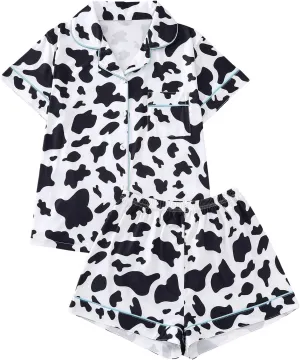 MakeMeChic Women's 2 Piece Pajama Sets Leopard Print Contrast Binding Button Down Shirt and Shorts PJ Set