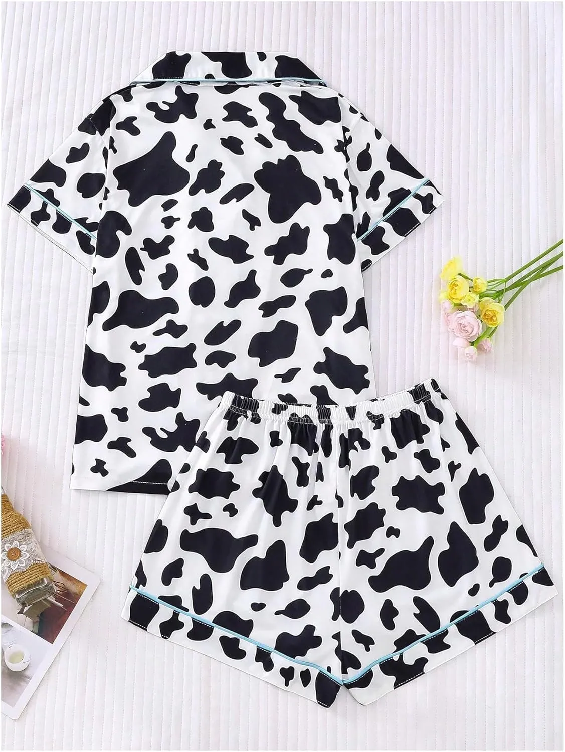 MakeMeChic Women's 2 Piece Pajama Sets Leopard Print Contrast Binding Button Down Shirt and Shorts PJ Set