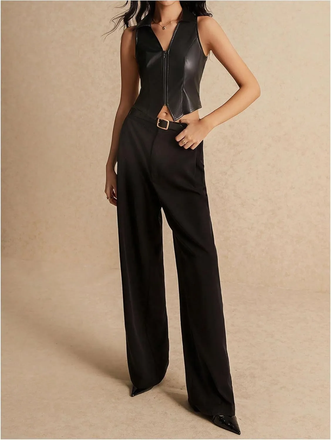 MakeMeChic Women's PU Leather Zipper Vest Top V Neck Sleeveless Motorcycle Jacket Waistcoat