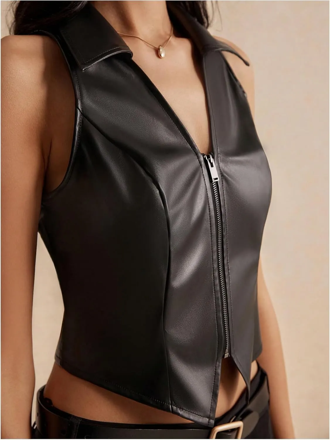 MakeMeChic Women's PU Leather Zipper Vest Top V Neck Sleeveless Motorcycle Jacket Waistcoat