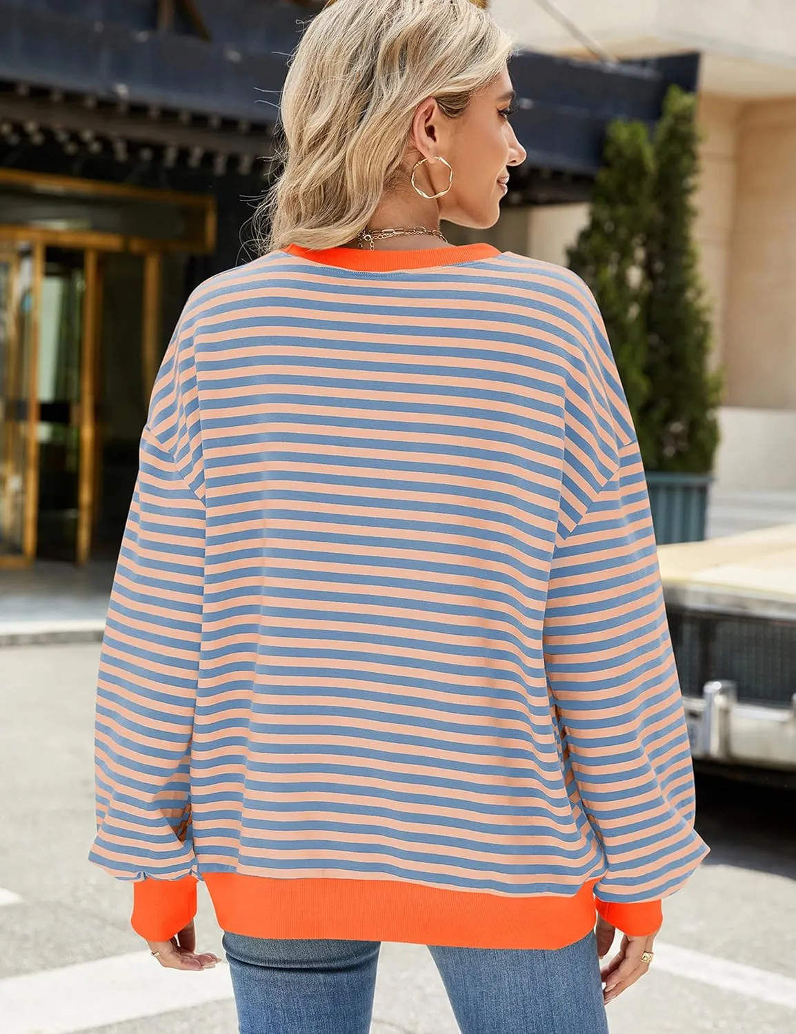 Mansy Women Oversized Striped Color Block Long Sleeve Crew Neck Sweatshirt for Teen Girls Pullover Y2K Shirt Tops 2024