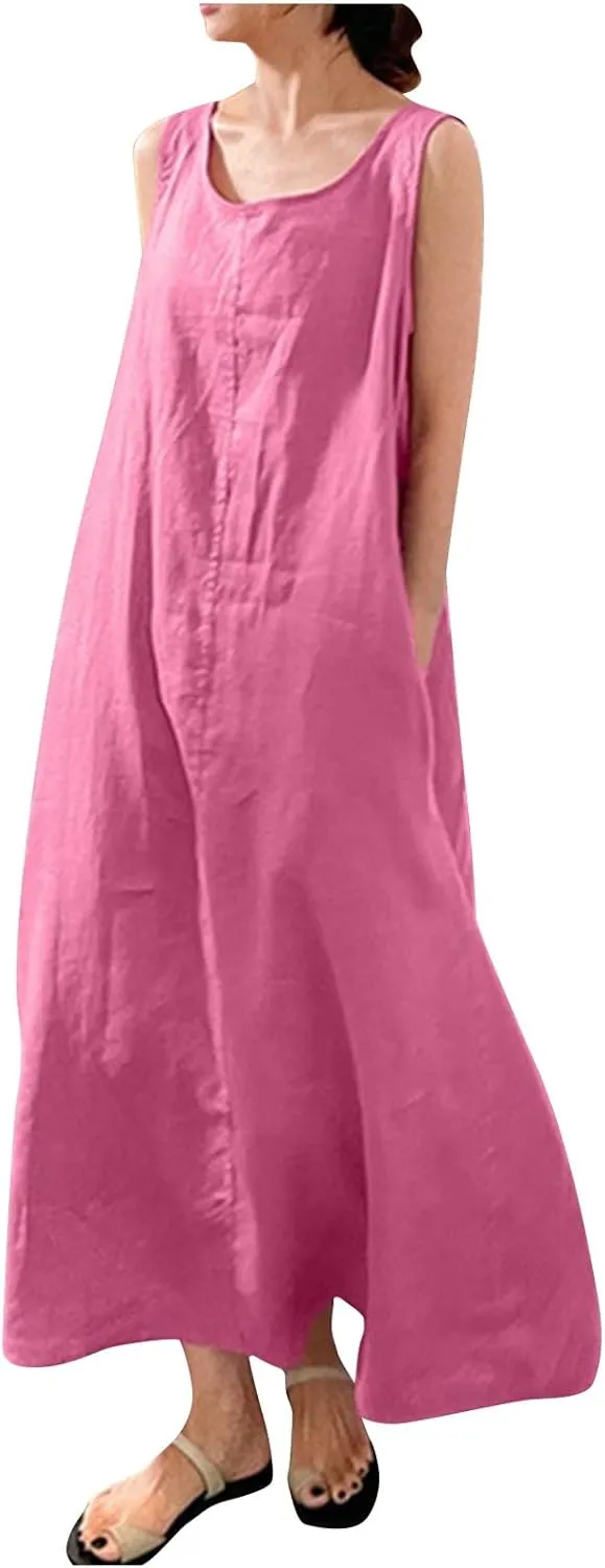 Maxi Dresses for Women,2023 Spring Summer Trendy Crew Neck Short Sleeve Floral Print Beach Dresses with Pockets