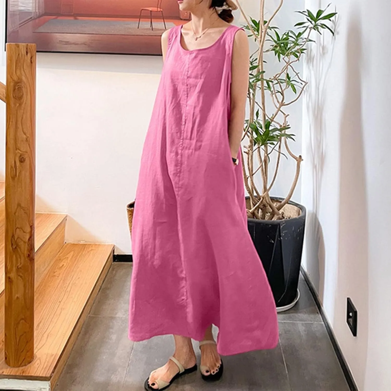 Maxi Dresses for Women,2023 Spring Summer Trendy Crew Neck Short Sleeve Floral Print Beach Dresses with Pockets