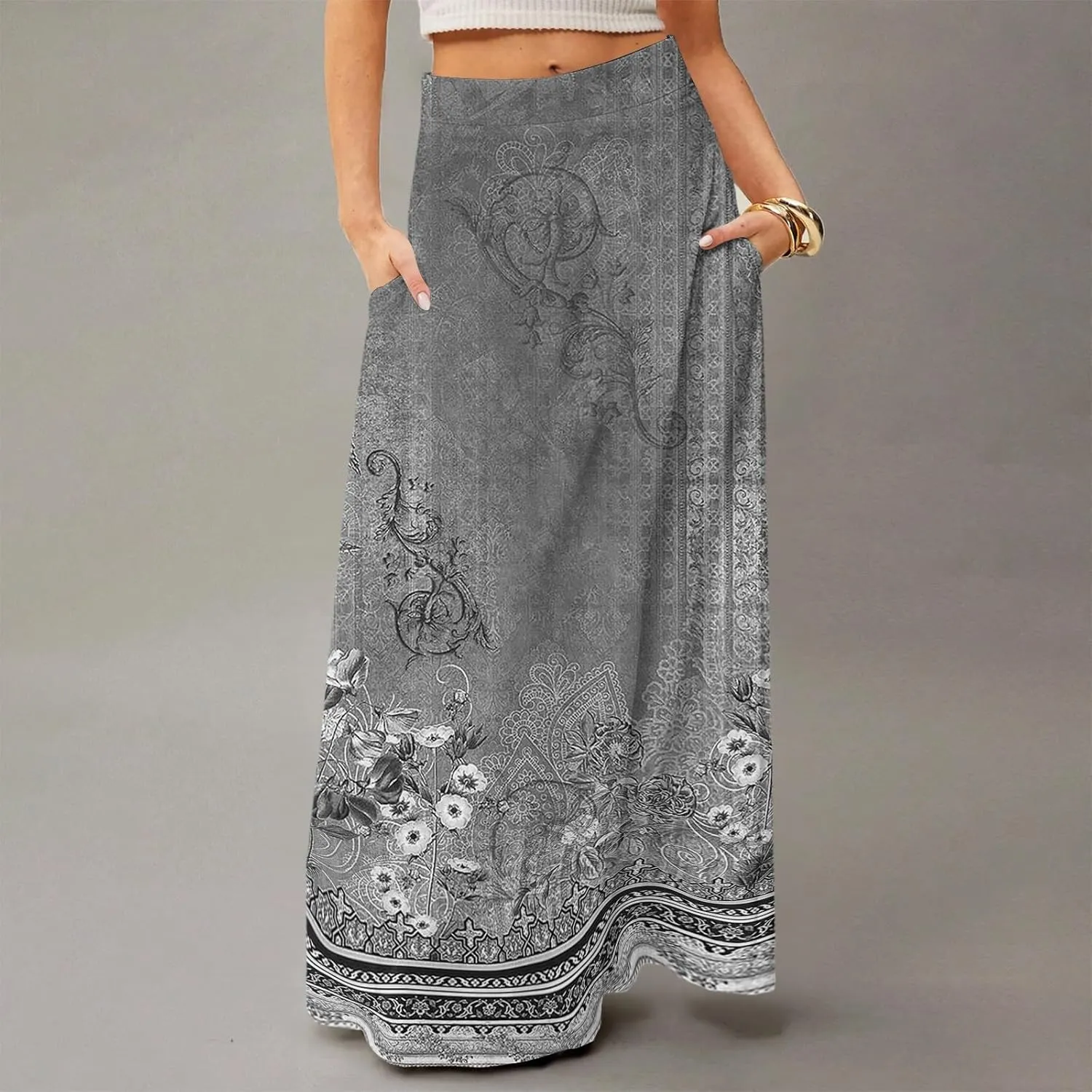 Maxi Skirts for Women 2025 Boho Elastic High Waisted Long Skirt with Pockets Summer Beach Flowy Floral Skirt