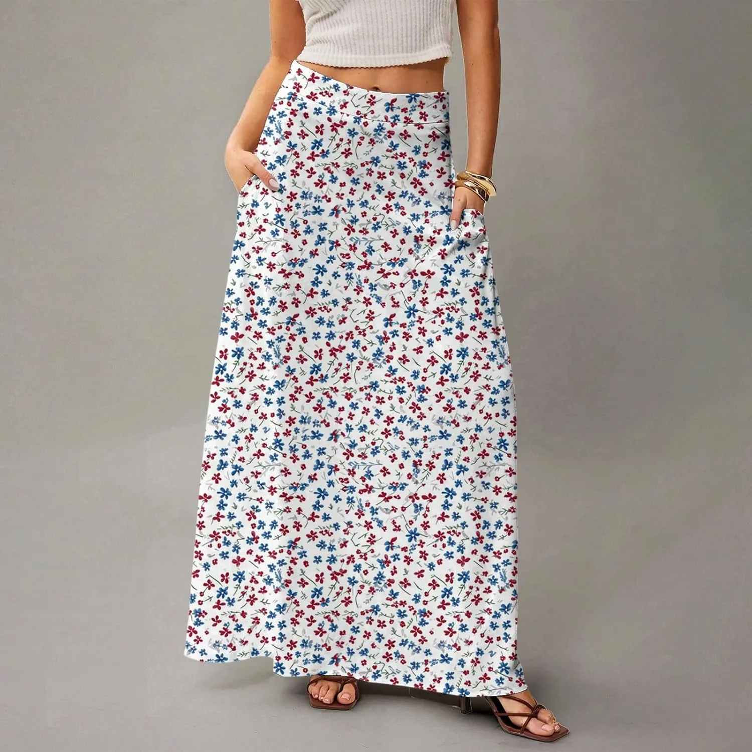 Maxi Skirts for Women 2025 Boho Elastic High Waisted Long Skirt with Pockets Summer Beach Flowy Floral Skirt