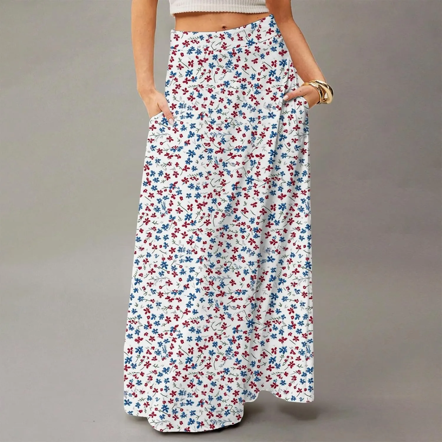 Maxi Skirts for Women 2025 Boho Elastic High Waisted Long Skirt with Pockets Summer Beach Flowy Floral Skirt