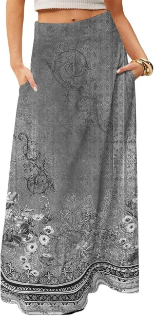 Maxi Skirts for Women 2025 Boho Elastic High Waisted Long Skirt with Pockets Summer Beach Flowy Floral Skirt