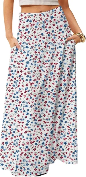 Maxi Skirts for Women 2025 Boho Elastic High Waisted Long Skirt with Pockets Summer Beach Flowy Floral Skirt